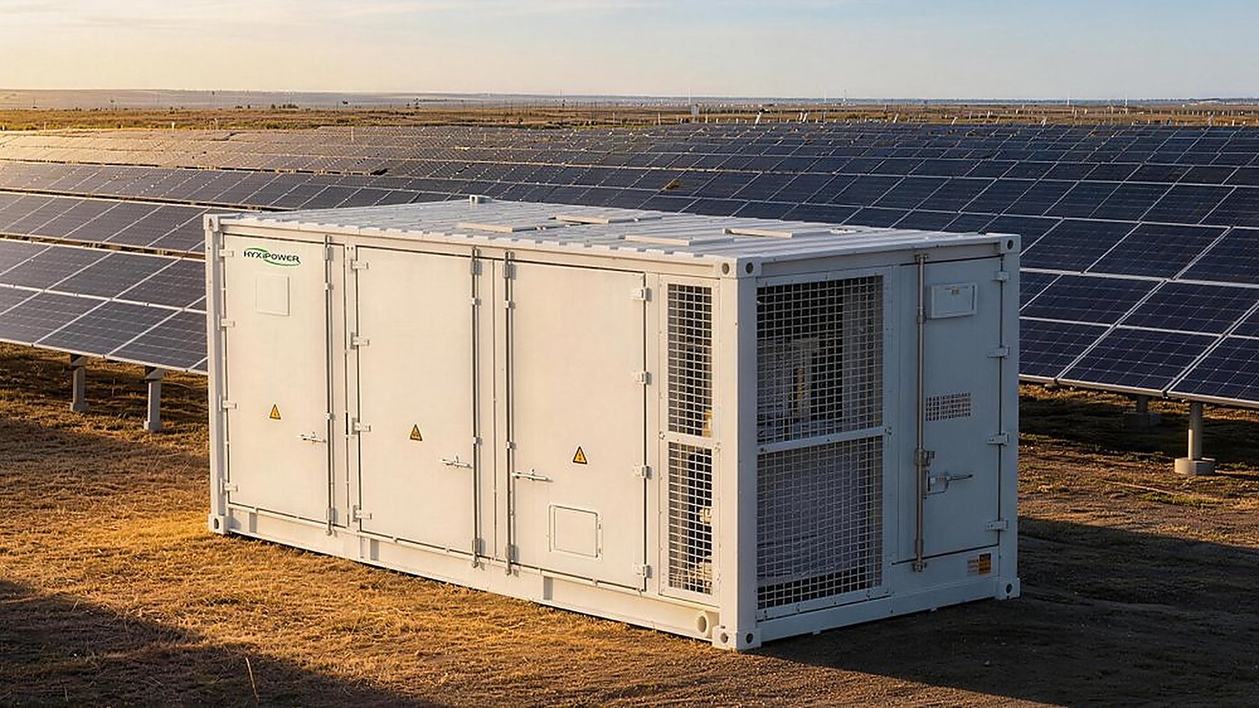 A HYXI Atlas Mega containerised battery energy storage system installed on the ground beside a utility-scale solar array at sunset