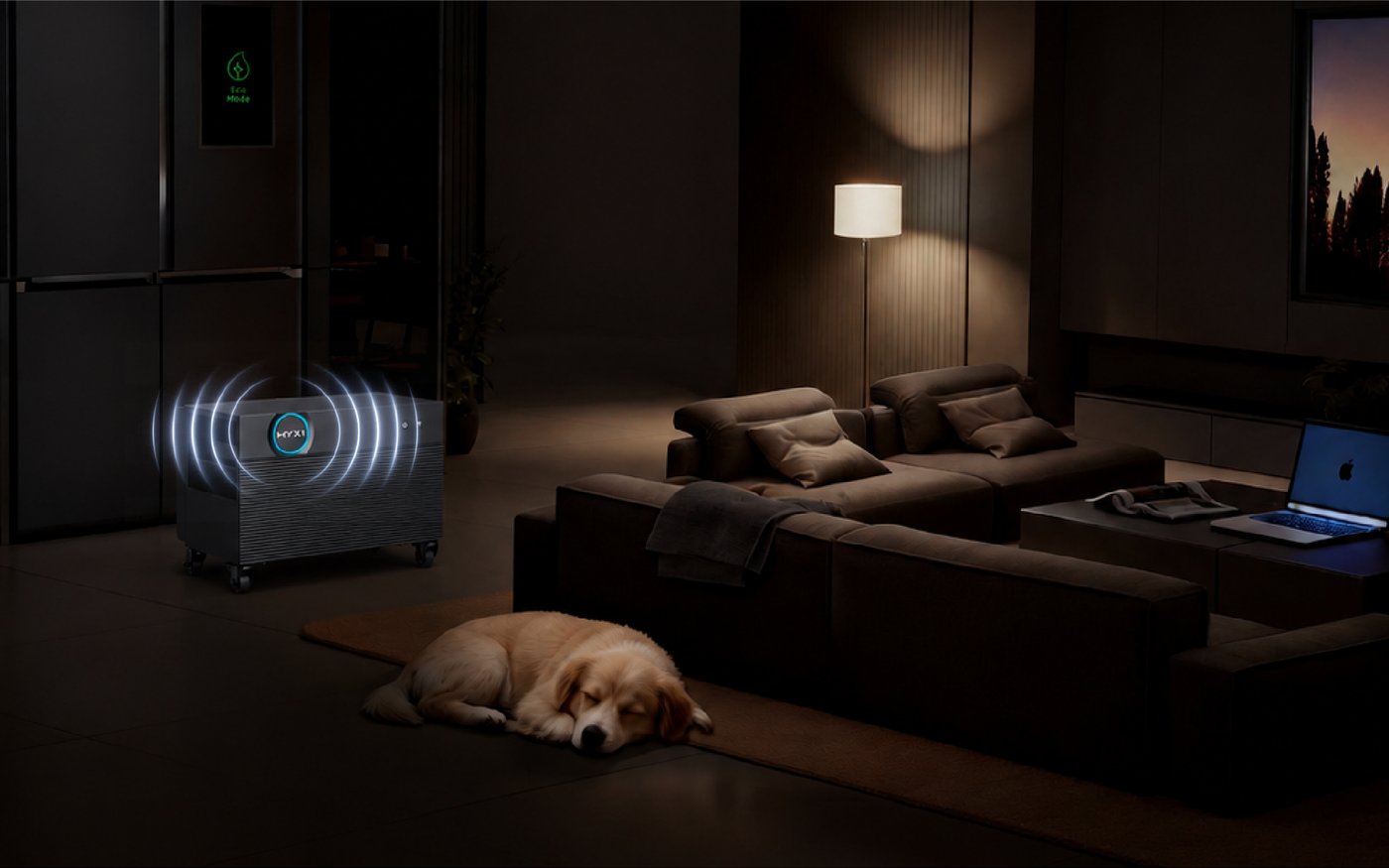 A HYXI Halo 5 running silently in a living room at night, rated at 25 dB