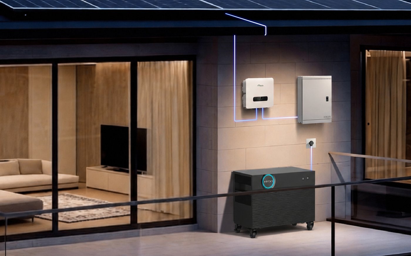 A HYXI Halo 5 installed beside an existing wall-mounted solar inverter in a home