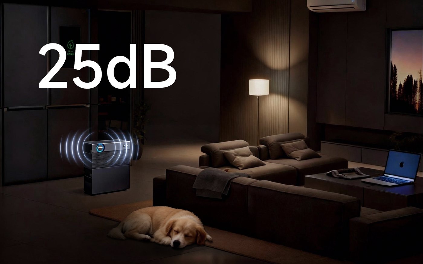 The HYXI Halo PV running silently in a living room at night — rated at 25 dB