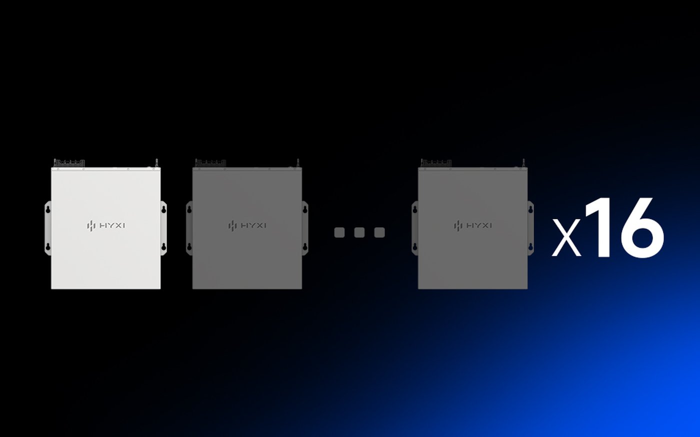 Diagram showing up to sixteen HYXI low-voltage battery modules in parallel