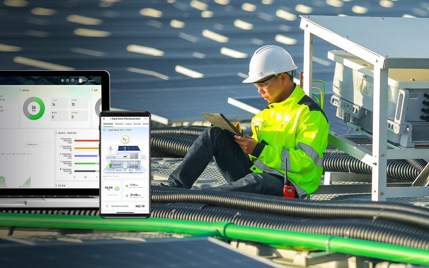 Engineer commissioning a HYXI string inverter with the monitoring app