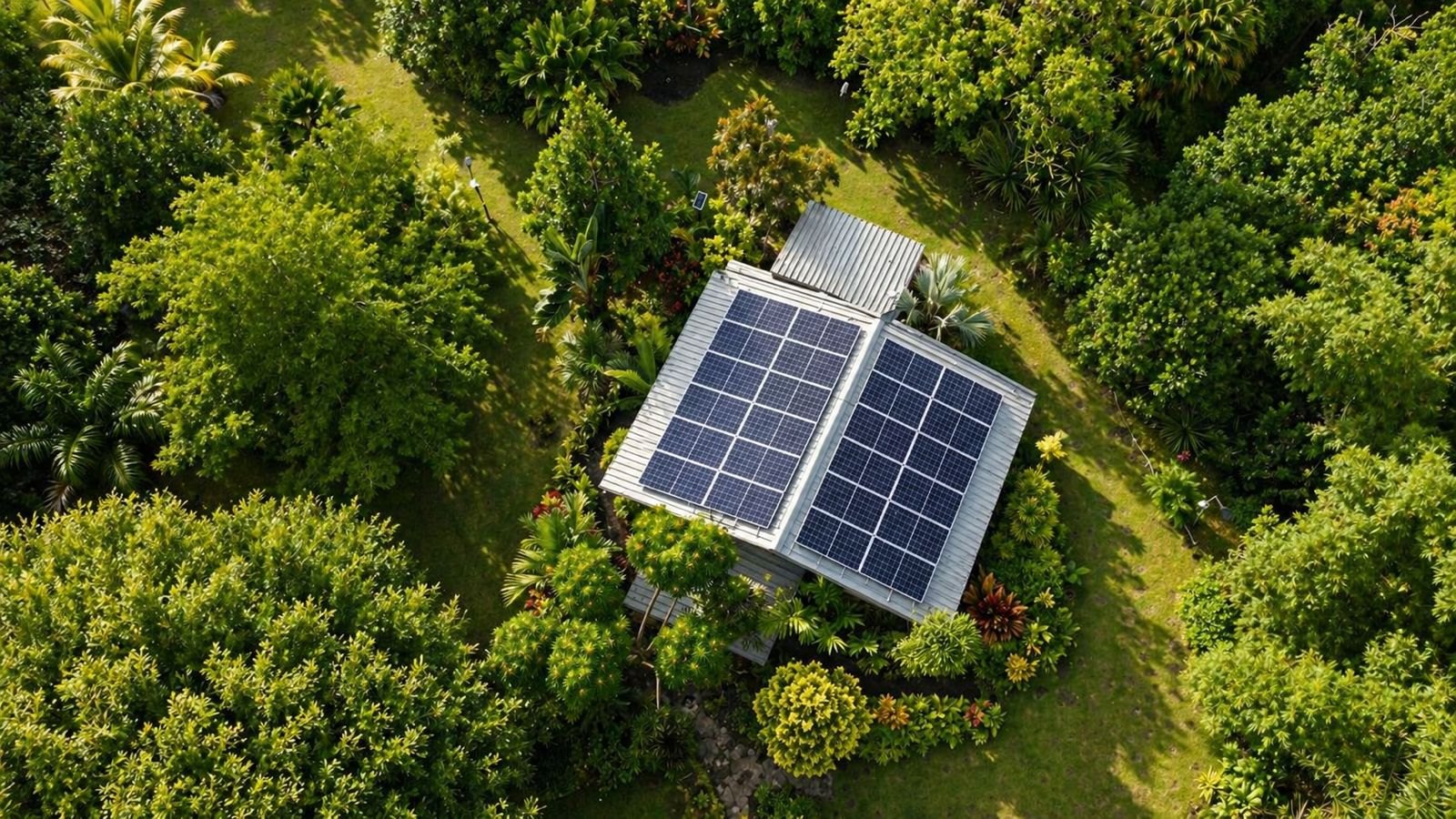 A hillside chalet in Mauritius running fully off-grid on a Solarex solar and battery system