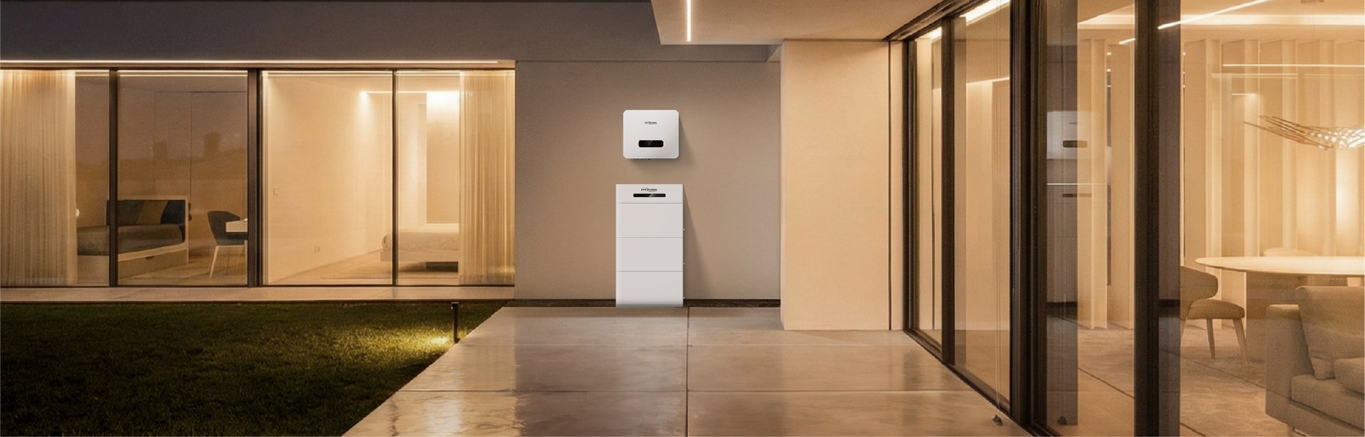 Hyxipower home energy storage system — hybrid inverter and battery on the wall of a modern home